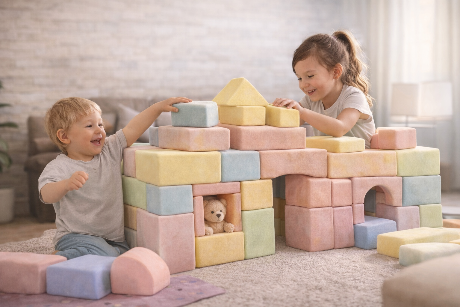 Niños jugando con bloques suaves grandes en una sala